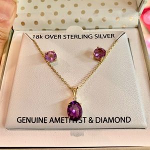 Genuine Amethyst & Diamond Necklace & Earrings